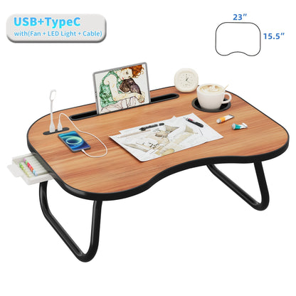 Lap Desk for Laptop with USB Port Storage Drawer & Cup Holder – Walnut Wood Bed Tray Table for Eating Writing Sofa Couch Adults Students