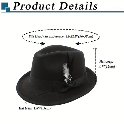 Short Brim Felt Fedora Hat for Men & Women – Classic Feather Panama Dress Hat in 7 Colors, Black Brown Navy Red Gray Coffee, Unisex Jazz Cap for Formal Casual Daily Wear