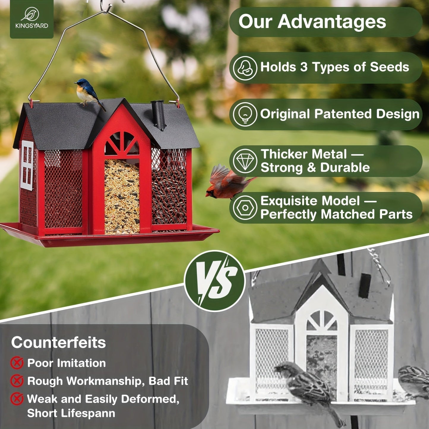 Wild Bird Feeder House for Outside with Triple Feeding Stations – Metal Mesh Weatherproof Bird Feeder for Finch, Cardinal & Chickadee, Large Capacity Outdoor Hanging Bird Feeder, Gift for Bird Lovers