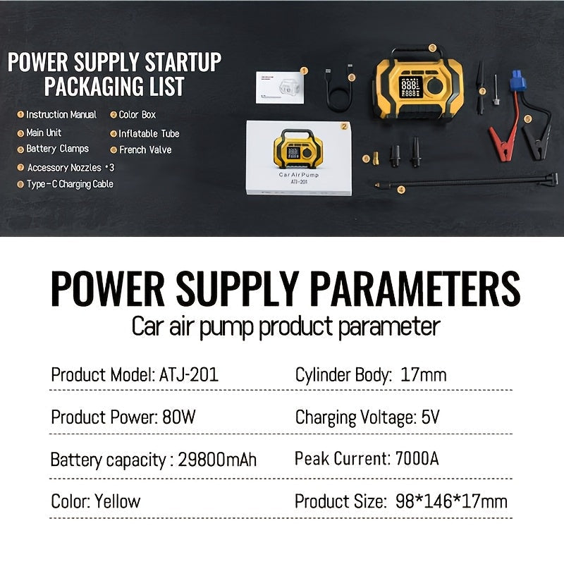 7000A Portable Jump Starter with Air Compressor – 8-in-1 Car Battery Booster, 150PSI Auto-Stop Tire Inflator, Power Bank, LED Emergency Light – Fits Gas up to 9L & Diesel up to 8.5L, 12V Vehicles