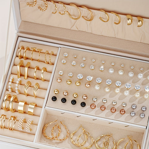 108pcs Earring Set for Women Mixed Pearl Rhinestone Metallic Geometric Stud Earrings & Hoop Earrings - Boho Fashion Jewelry Set for Daily Wear Vacation Date Party Gift