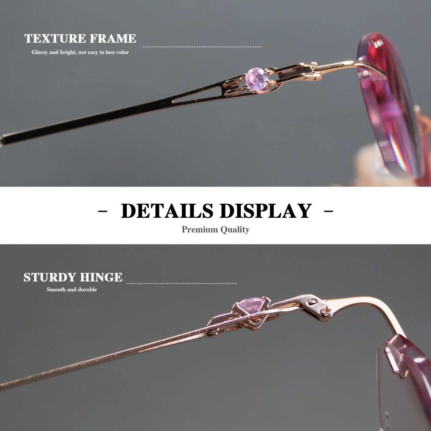 Women's Pink Rhinestone Reading Glasses with Photochromic Lenses – Elegant Mirror Legs, Gold Alloy Hinge, Strengths +100 to +400, Stylish Ladies Readers Gift for Christmas & Birthday