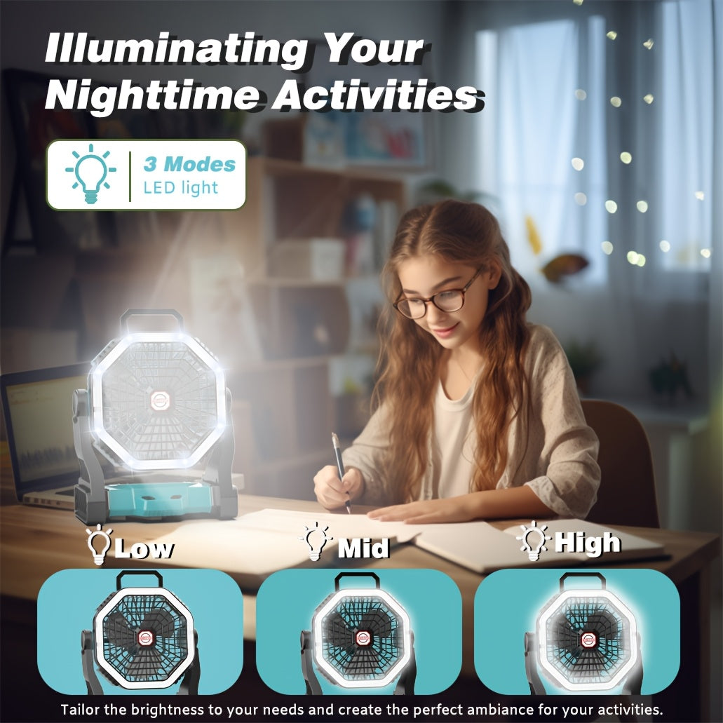 Rechargeable Portable Camping Fan with LED Light & Hanging Rope - 4-Speed USB Battery Powered Tent Fan for Outdoor Travel Indoor Home