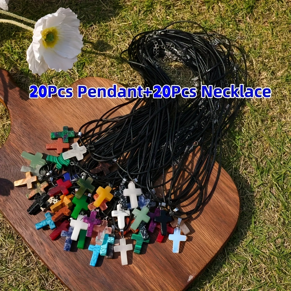 40pcs Natural Stone Cross Pendant & Necklace DIY Kit – 20 Quartz Imitation Gem Cross Pendants + 20 Adjustable Black Faux Leather Necklaces, Bulk Jewelry Making Supplies for Teens Women Bracelets Earrings Crafts