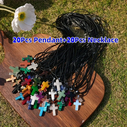 40pcs Natural Stone Cross Pendant & Necklace DIY Kit – 20 Quartz Imitation Gem Cross Pendants + 20 Adjustable Black Faux Leather Necklaces, Bulk Jewelry Making Supplies for Teens Women Bracelets Earrings Crafts