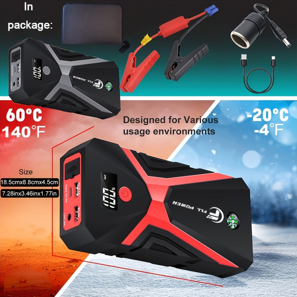 Portable Car Jump Starter Power Pack 1600A–3000A 12V Battery Booster – Compact Emergency Start for Gas & Diesel Engines with USB Charge Ports & LED Flashlight