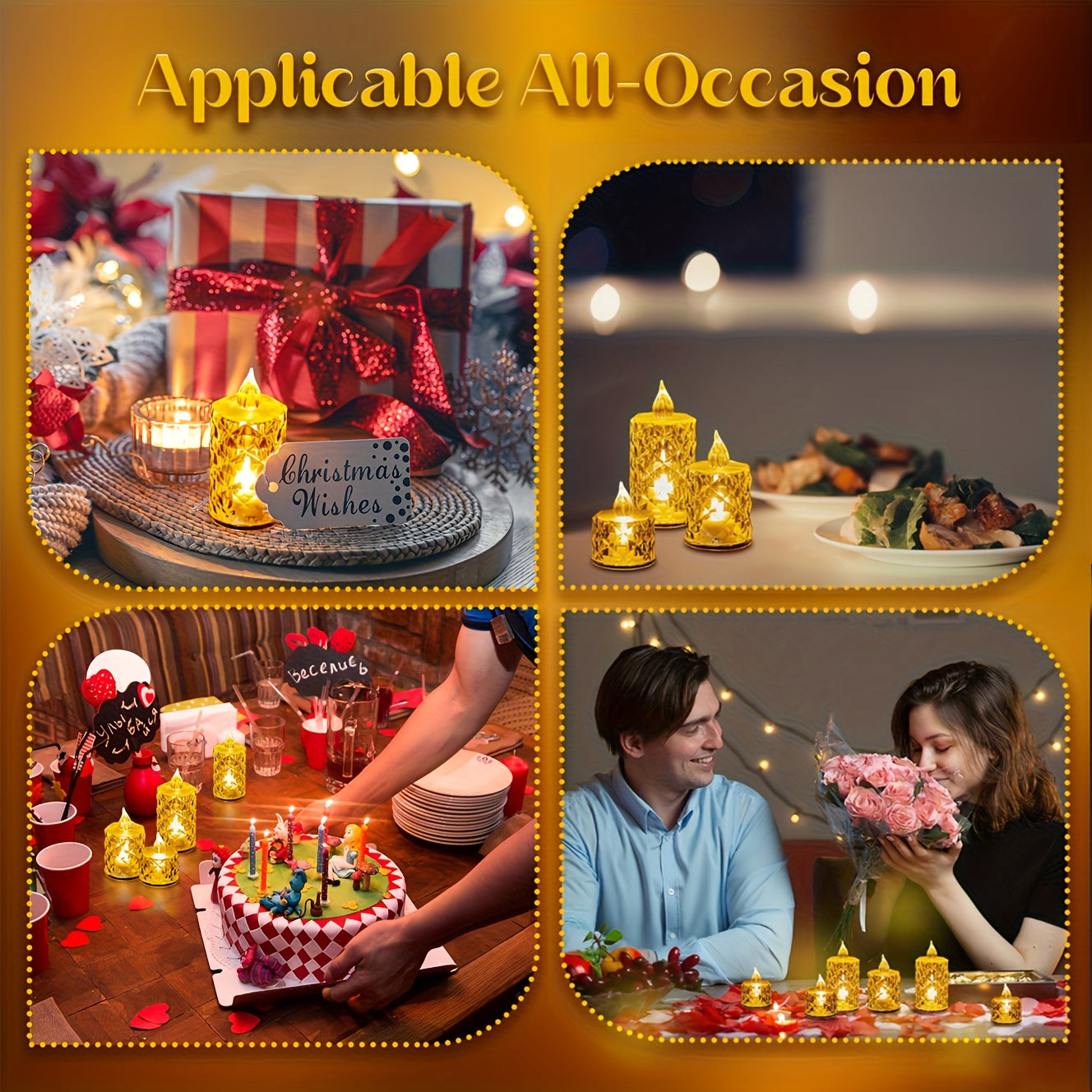24pcs Crystal Pattern LED Flameless Candle Lights Battery Operated – Flickering Tea Light Set for Indoor Tabletop, Birthday, Wedding, Party & Festival Decoration – Safe Fireless Electronic Candles