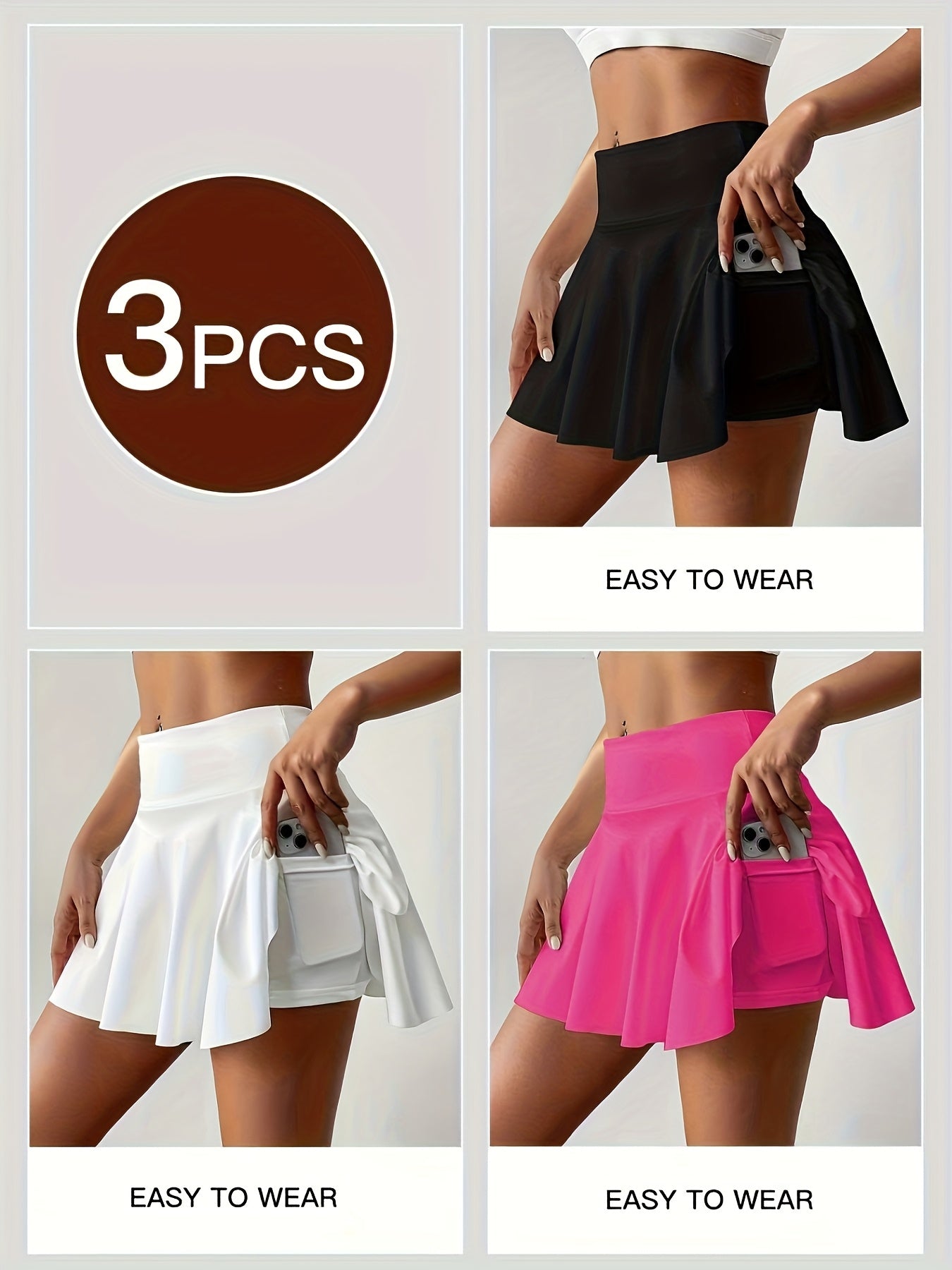 Women's Athletic Pleated Tennis Skort 3-Pack High Waist with Pockets Stretchy Polyester Yoga Skirt Machine Washable Side Tie Detail Comfort Fit for Tennis Yoga Gym Dance Sizes S-XXL