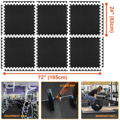 EVA Foam Puzzle Exercise Mat 24 SQFT 6-Tile Interlocking Floor Mat 24x24x0.5 Inch for Gym Garage Home Office Yoga Gymnastics Pilates Black