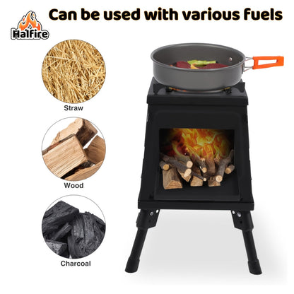 Portable Wood Burning Camp Stove – Heavy-Duty Iron Campfire Stove with Sturdy Legs & Air Vents, Firewood & Charcoal Compatible, No Electricity Needed, Outdoor Cooking for Hiking Backpacking BBQ Picnic Travel