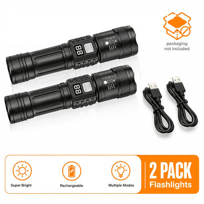 Rechargeable LED Flashlights 2-Pack – 1000-3000 Lumens Super Bright, 3 Modes, USB-C, Adjustable Beam, Emergency Power Outage Camping Hurricane Survival Gear Work Light
