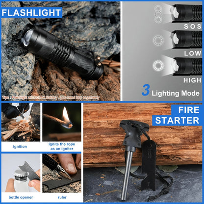 Survival Kit for Men 12 to 115 Piece Emergency Gear Set Flint Fire Starter Multi-Tool – Camping Hiking Hunting Fishing Outdoor Gift for Dad Husband Boyfriend