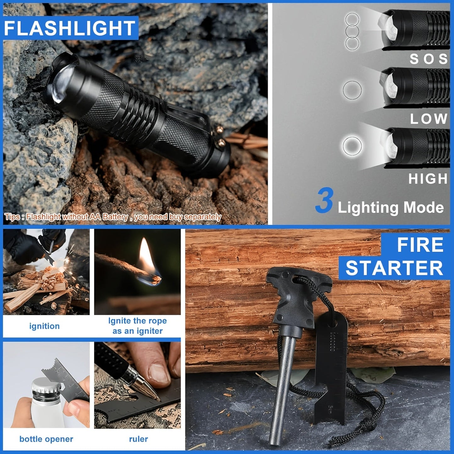 Survival Kit for Men 12 to 115 Piece Emergency Gear Set Flint Fire Starter Multi-Tool – Camping Hiking Hunting Fishing Outdoor Gift for Dad Husband Boyfriend