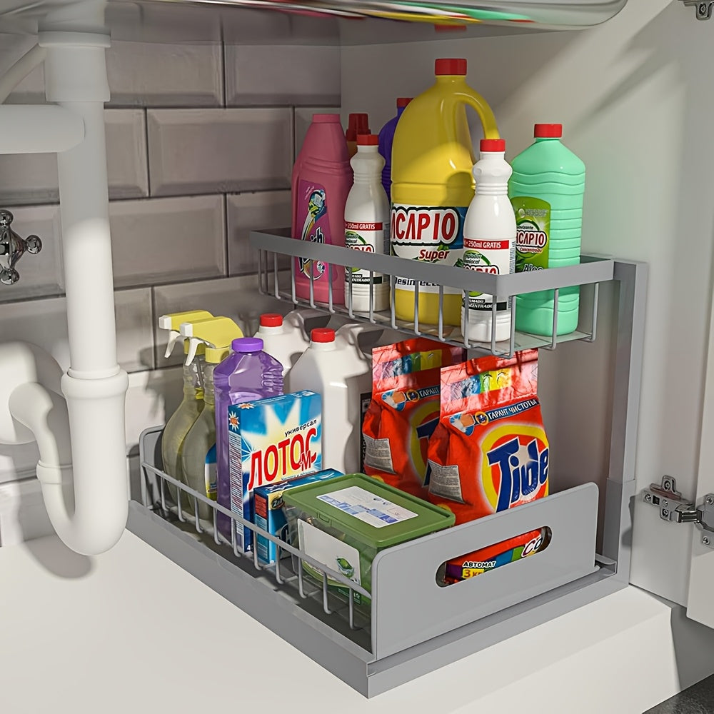 Metal Under Sink Organizer Pull Out Storage Shelf with Sliding Drawer - Under Sink Cabinet Organizer for Kitchen & Bathroom, Adjustable 2-Tier Rack, 1-Pack or 2-Pack