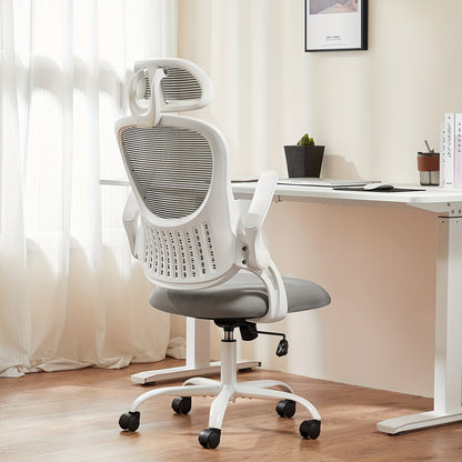 Ergonomic High-Back Mesh Office Chair with Flip-Up Arms Adjustable Headrest Lumbar Support & Wheels - Rolling Computer Desk Chair for Home Office Bedroom Study Pink Grey Black