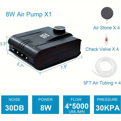 Aquarium Air Pump 4 Outlets 320GPH 8W – Quiet Fish Tank Air Pump Up to 400 Gallon with Adjustable Air Valve, Includes 4 Check Valves, 4 Air Stones & 4x5ft Tubing, for Freshwater Saltwater Hydroponics Pond