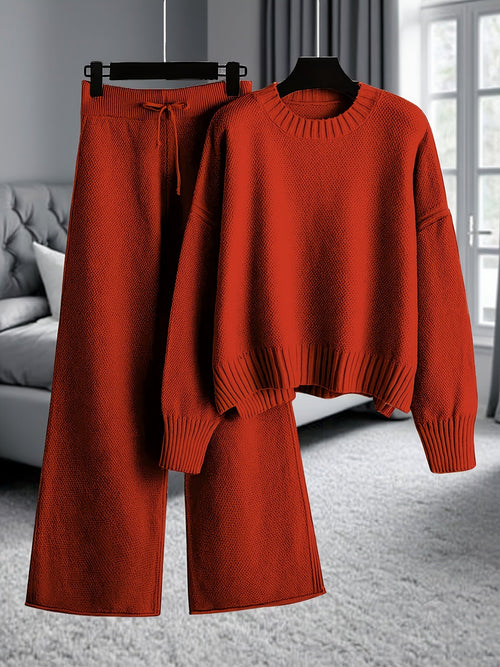 Women's Loose Knit Two-Piece Set – Round Neck Drop Shoulder Sweater & High Waist Wide Leg Drawstring Pants, Retro Casual Cozy Outfit, 10 Colors, Sizes S-XXL