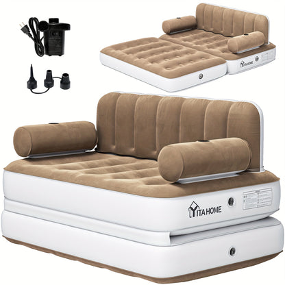 Inflatable Air Sofa Bed 2-in-1 Queen Size – Portable Blow Up Couch & Airbed with Headboard, Cup Holders, External Pump & Storage Bag, 440 lb Capacity for Home, Camping & Guests