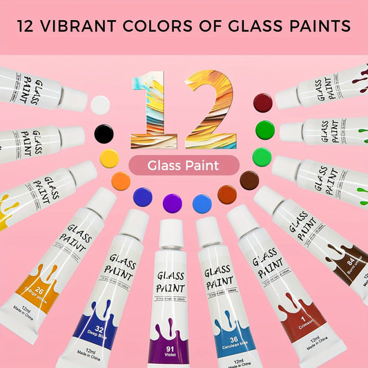 Glass Paint Set 12 Colors Non-Toxic Acrylic Stained Glass Painting Kit for Wine Glasses Windows Ceramic Mugs ASTM Certified Odorless with 3 Brushes for Adults Artists and Beginners