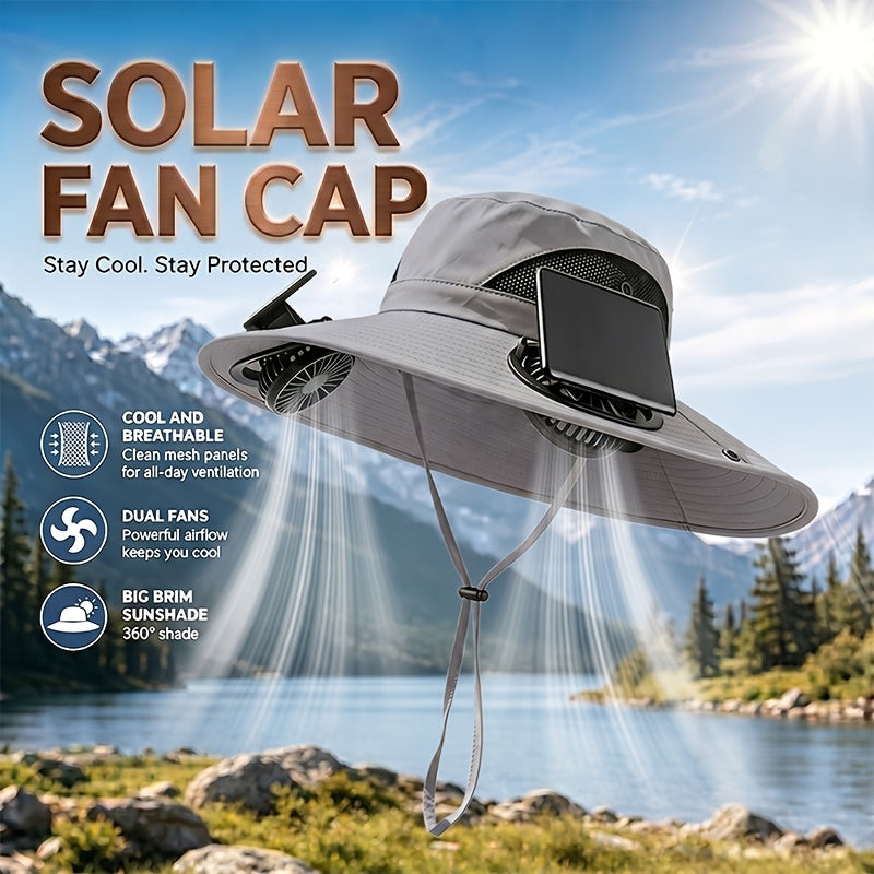 Solar Fan Hat with Wide Brim – Breathable Cooling Sun Hat for Men & Women with Built-In Solar Powered Fan, Adjustable Wind Speeds & Strap, Ideal for Gardening, Hiking, Travel & Summer Outdoor Activities