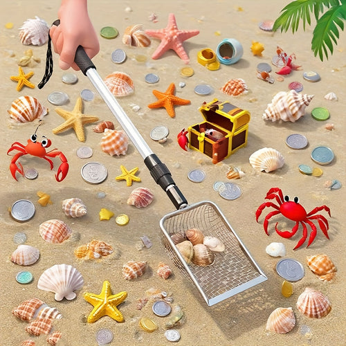 Stainless Steel Retractable Beach Sifter Scoop with Telescoping Handle – No-Bend Shell Collecting, Treasure Hunting & Beach Combing Tool | Also Works as Cat Litter Scoop (1 or 2 Pack)