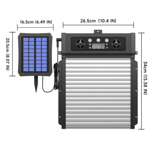 Automatic Chicken Coop Door Solar Powered with Timer & Light Sensor – Aluminum Alloy Anti-Pinch Design with 4000mAh Battery Solar Panel & Remote Control for Poultry Management