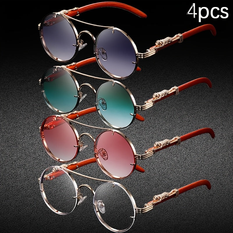4PCS Punk Rock Round Glasses with Leopard Print Hinges & Tortoiseshell Accents – Retro Metal Frame PC Lenses, Unisex Fashion Eyewear for Parties, Photos & Casual Wear