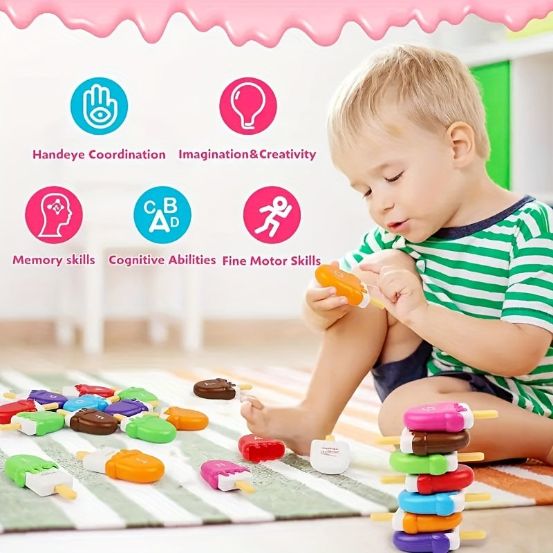 Ice Cream Preschool Learning Toy Set 52 Pieces Counting Color Sorting Stacking ABC Letters Uppercase and Lowercase Montessori Educational Toy for Toddlers Ages 3 and Up Birthday Gift