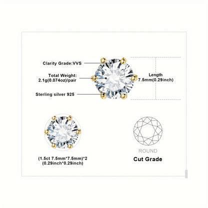 Moissanite Stud Earrings 925 Sterling Silver Round Cut Brilliant Sparkle 0.6ct to 6ct Platinum Plated Wedding Engagement Fine Jewelry for Women Girls Daily Prom Party