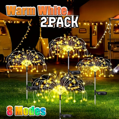 Solar Firework Lights Outdoor 2 Pack – 120 to 840 LED Waterproof Starburst Ground Stake Lights for Garden, Pathway, Lawn, Patio, Christmas, Halloween & Wedding Decoration, Warm White & Colorful