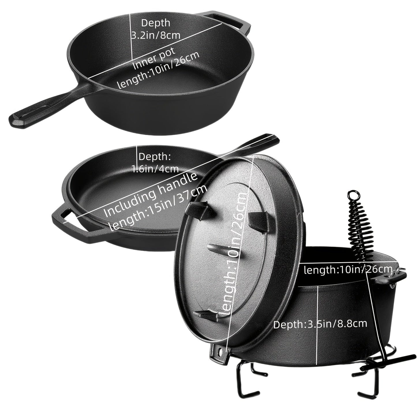 Cast Iron Cookware Set 6-Piece Non-Stick Skillet Dutch Oven Grill Pan Kit for Induction Gas Campfire BBQ Outdoor Cooking Kitchen