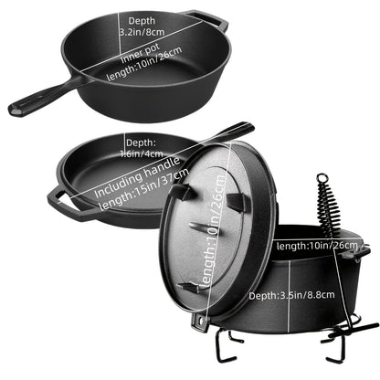Cast Iron Cookware Set 6-Piece Non-Stick Skillet Dutch Oven Grill Pan Kit for Induction Gas Campfire BBQ Outdoor Cooking Kitchen