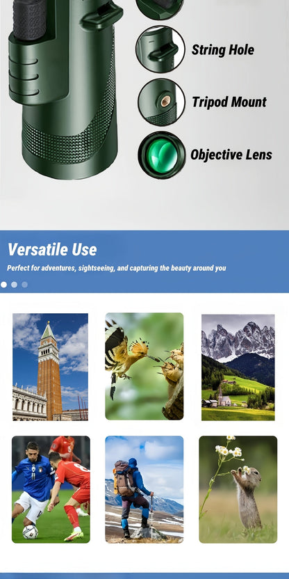 10x42 HD Monocular Telescope with Phone Adapter & Tripod – FMC Lens Compact Scope for Bird Watching, Wildlife, Hiking, Camping, Concerts & Sports – Black & Green, Christmas Gift