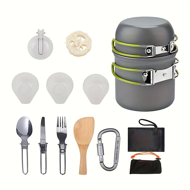 304 Stainless Steel Camping Cookware Set with Foldable Storage – Durable Compact Pot with Knives & Forks Utensils for Outdoor Backpacking Hiking Picnics & Camping, Green & Orange, Lightweight Camp Kitchen Kit