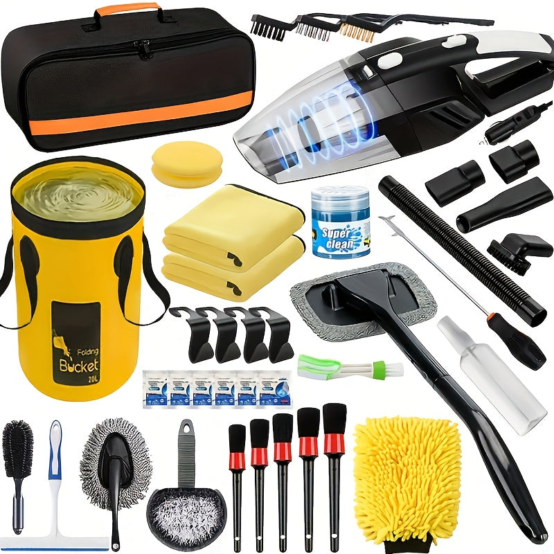 Car Wash Detailing Kit 19 or 41 Piece Handheld Vacuum Collapsible Bucket Tire Brush Windshield Tool Snow Shovel Cleaning Gel Complete Car Care Set Yellow Pink