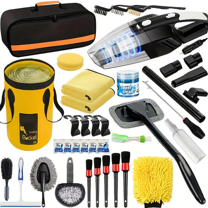 Car Wash Detailing Kit 19 or 41 Piece Handheld Vacuum Collapsible Bucket Tire Brush Windshield Tool Snow Shovel Cleaning Gel Complete Car Care Set Yellow Pink