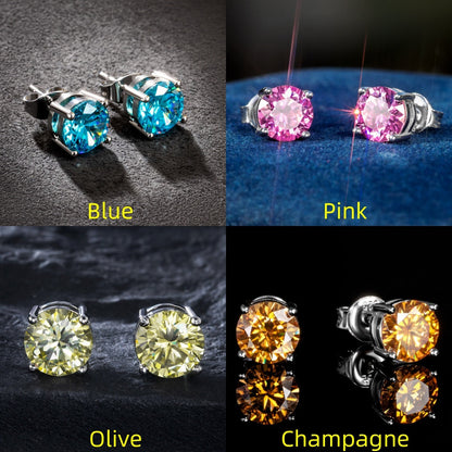 4 Pairs VVS1 Moissanite Stud Earrings Set in S925 Sterling Silver – Round Cut Colorful CZ Studs in Champagne, Olive, Red, Pink, Green & Blue for Men & Women, Party & Daily Wear