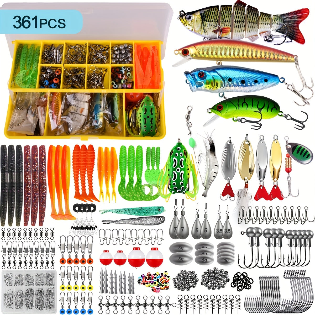 Fishing Lures Kit 78/106/188/361 Piece Freshwater Tackle Box Set, Spoon Lures Soft Plastic Worms Hooks & Accessories for Bass Trout Salmon Fishing, Complete Beginner & Pro Fishing Gear Gift