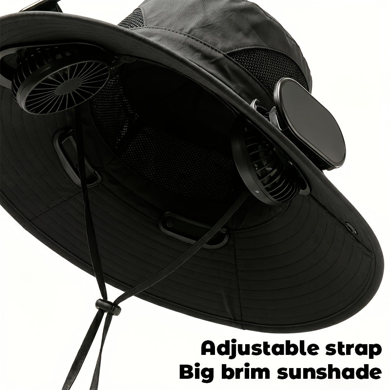 Men's Wide Brim Sun Hat with 2 Built-In Fans – Breathable UV Protection Fishing Hat for Outdoor Camping Hiking Beach Summer