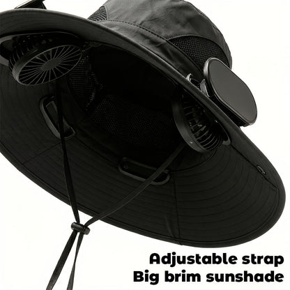 Men's Wide Brim Sun Hat with 2 Built-In Fans – Breathable UV Protection Fishing Hat for Outdoor Camping Hiking Beach Summer