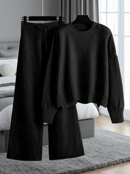 Women's Loose Knit Two-Piece Set – Round Neck Drop Shoulder Sweater & High Waist Wide Leg Drawstring Pants, Retro Casual Cozy Outfit, 10 Colors, Sizes S-XXL