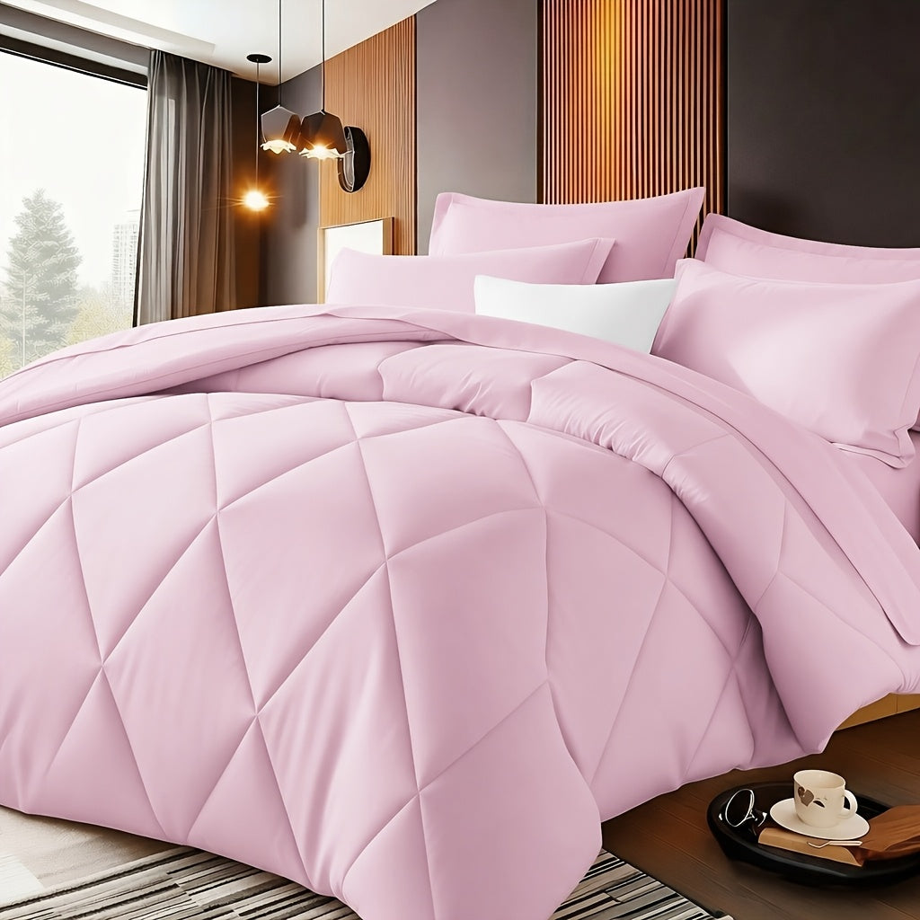Quilted Comforter Set Twin Queen King Size – Soft Diamond Pattern Quilt with Pillowcases Ultra-Fine Fiber Fill Lightweight Breathable All-Season Bedding 2/3 Piece Multiple Colors