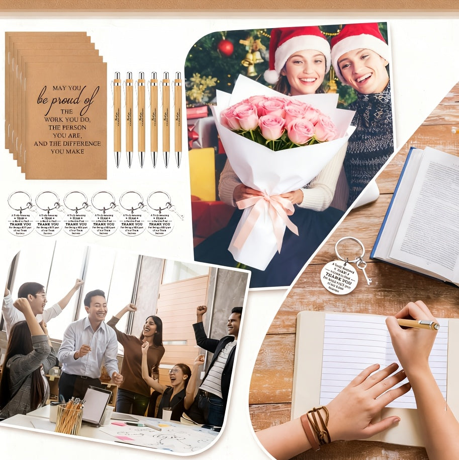 24-Piece Inspirational Gift Set Bamboo Retractable Pen Keychain Gratitude Notebook Gift Bag Bulk Appreciation Gifts for Employees Teachers Thanksgiving Christmas