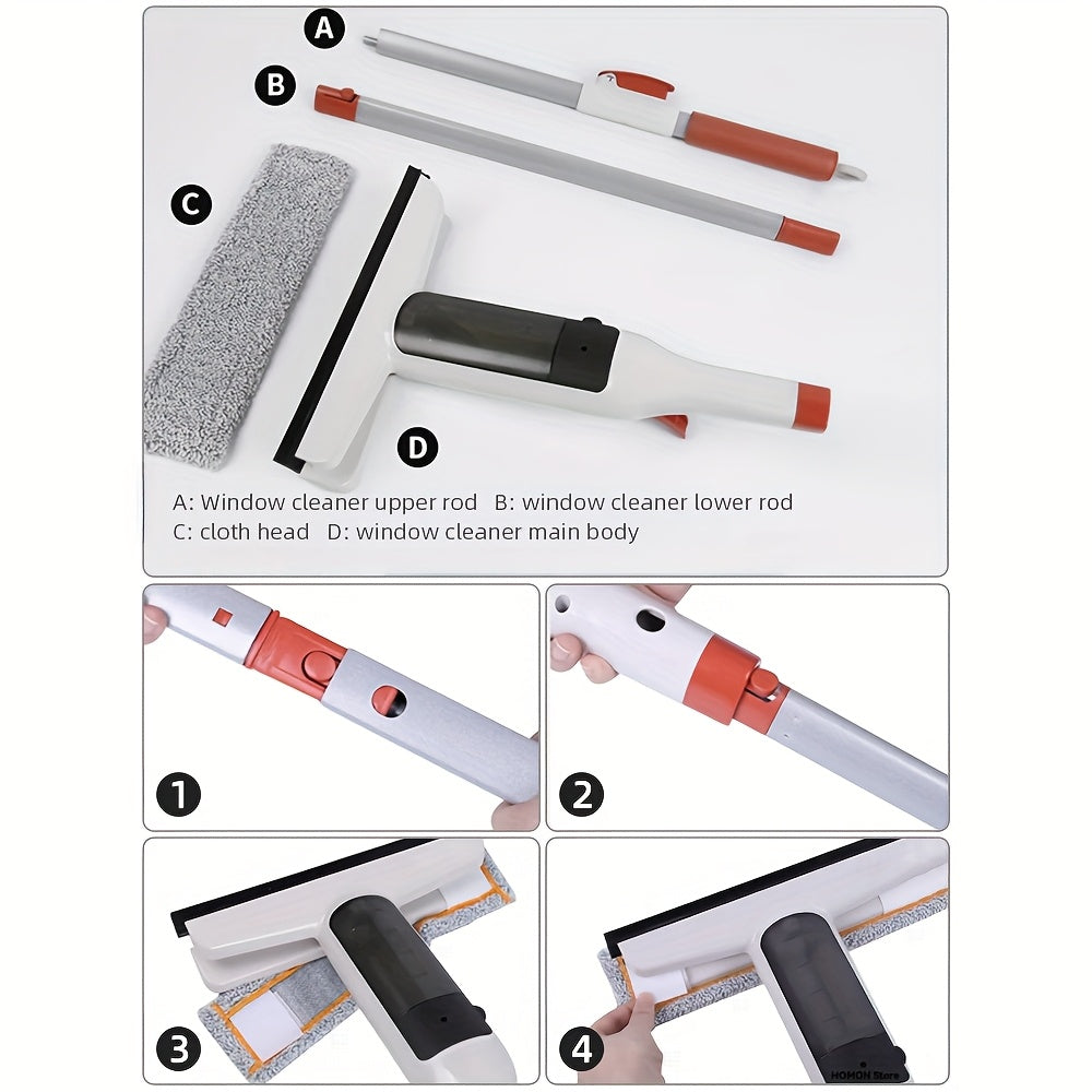 3-in-1 Glass Cleaning Kit with Durable Metal Pole Squeegee and Scraper for High Windows Shower Doors Car Windshields – Streak-Free Home Cleaning Tool
