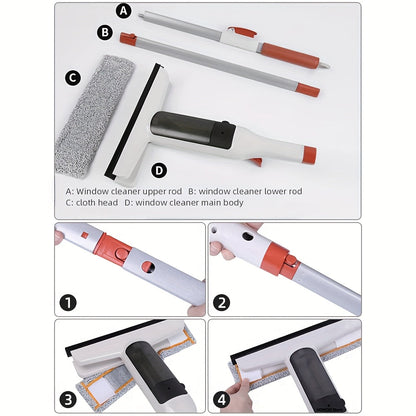 3-in-1 Glass Cleaning Kit with Durable Metal Pole Squeegee and Scraper for High Windows Shower Doors Car Windshields – Streak-Free Home Cleaning Tool