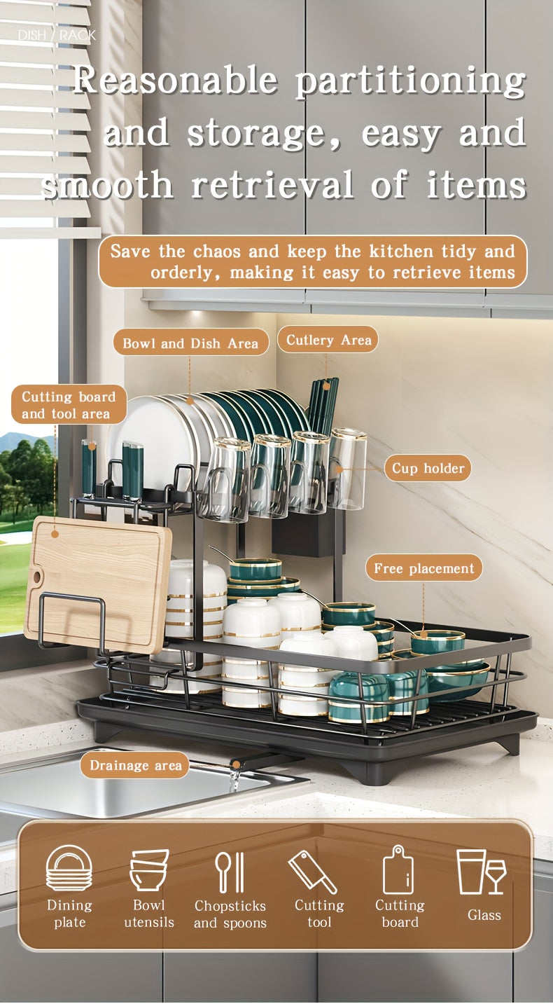 2-Tier Metal Dish Drying Rack with Cutlery Holder, Cup Holder & Rust-Proof Drip Tray – Space-Saving Countertop Dish Drainer for Kitchen Organization, Durable Steel Dish Rack for All Countertop Types
