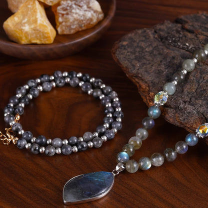 Labradorite & Moonstone Double Pendant Necklace Set 2pcs – Natural Stone Bohemian Jewelry with Aurora Borealis Effect, Spiritual Gift for Women, Teens, Mothers Day & Christmas