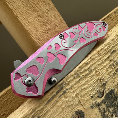 Folding Pocket Knife 7 Inch Hearts Engraved – 3Cr13 Steel Blade EDC Knife Aluminum Heart Handle Belt Clip Donut Accent, Stylish Everyday Carry for Camping Hiking Collecting Gift, Rosy Pink Red Lavender Blue Rose