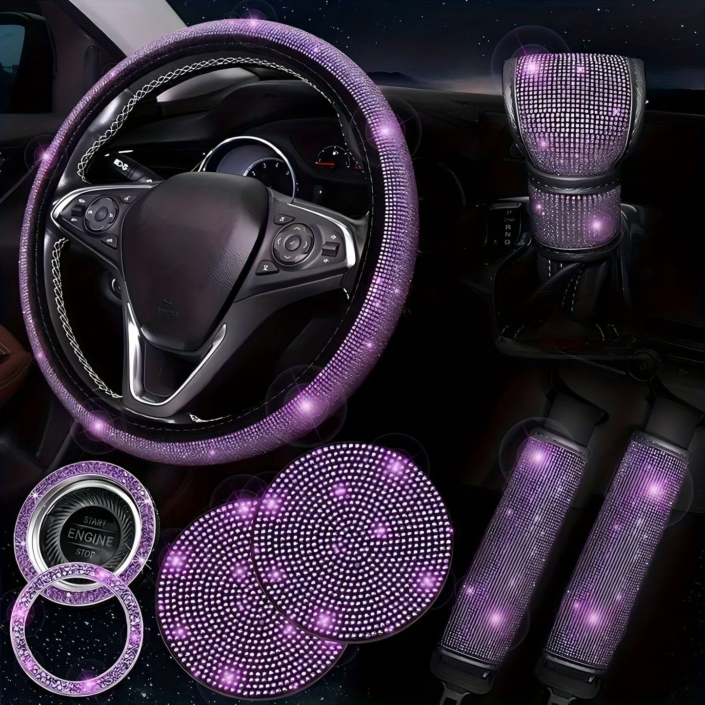 8pc Rhinestone Bling Car Accessories Set for Women – Steering Wheel Cover, Coasters, Seatbelt Pads, Starter Rings & Shift Knob Cover, 7 Colors, Sparkly Glitter Interior Kit