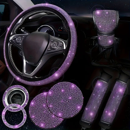 8pc Rhinestone Bling Car Accessories Set for Women – Steering Wheel Cover, Coasters, Seatbelt Pads, Starter Rings & Shift Knob Cover, 7 Colors, Sparkly Glitter Interior Kit